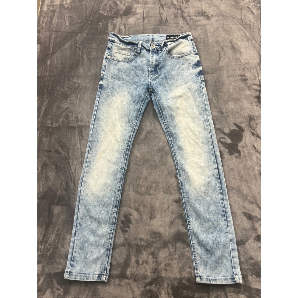 WT02 Acid Wash Slim Fit Jeans Mens 30x30 Light‎ Blue Distressed Streetwear Denim